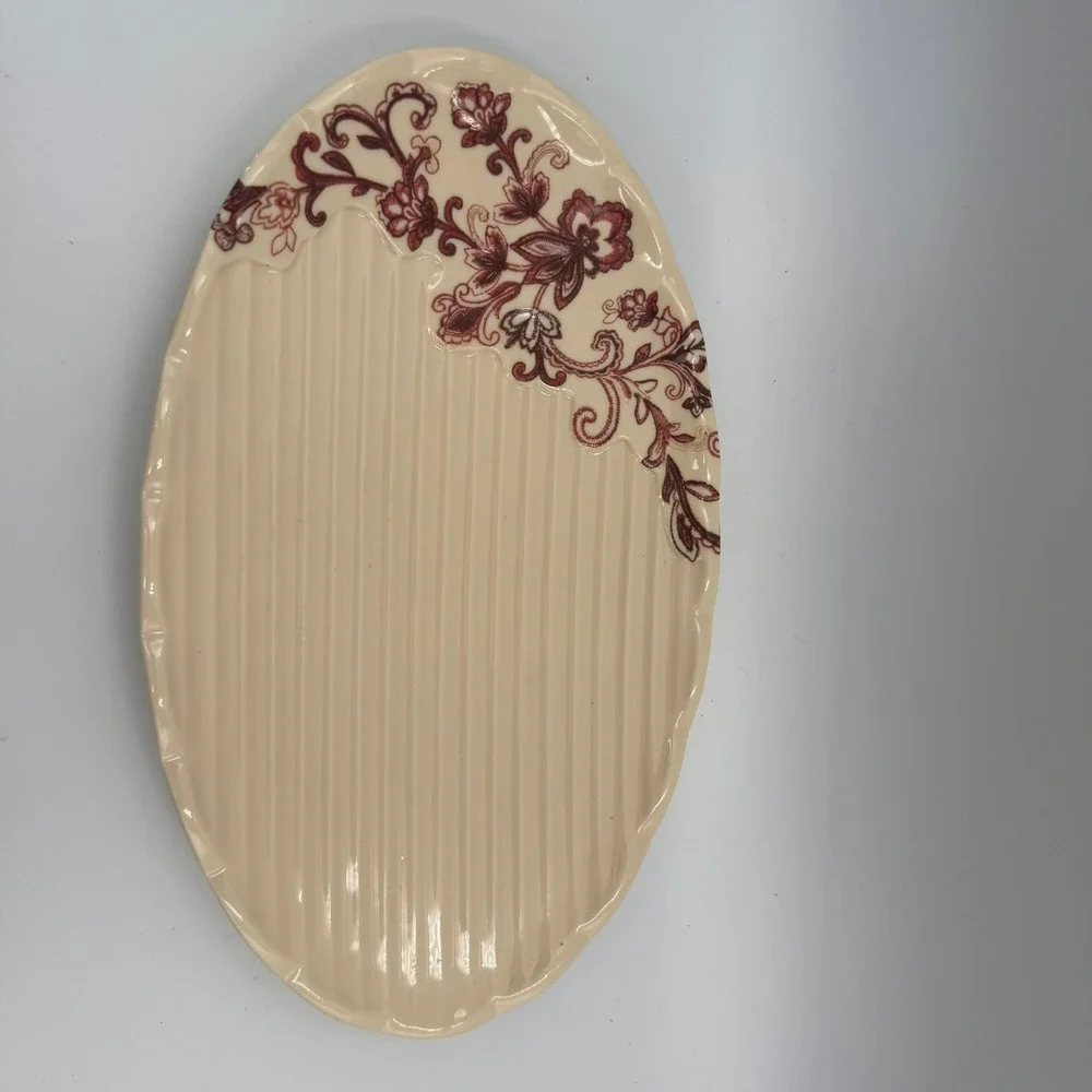 Reba Cream Ceramic Oval Serving Platter Burgundy Floral Scalloped Ribbed Serving